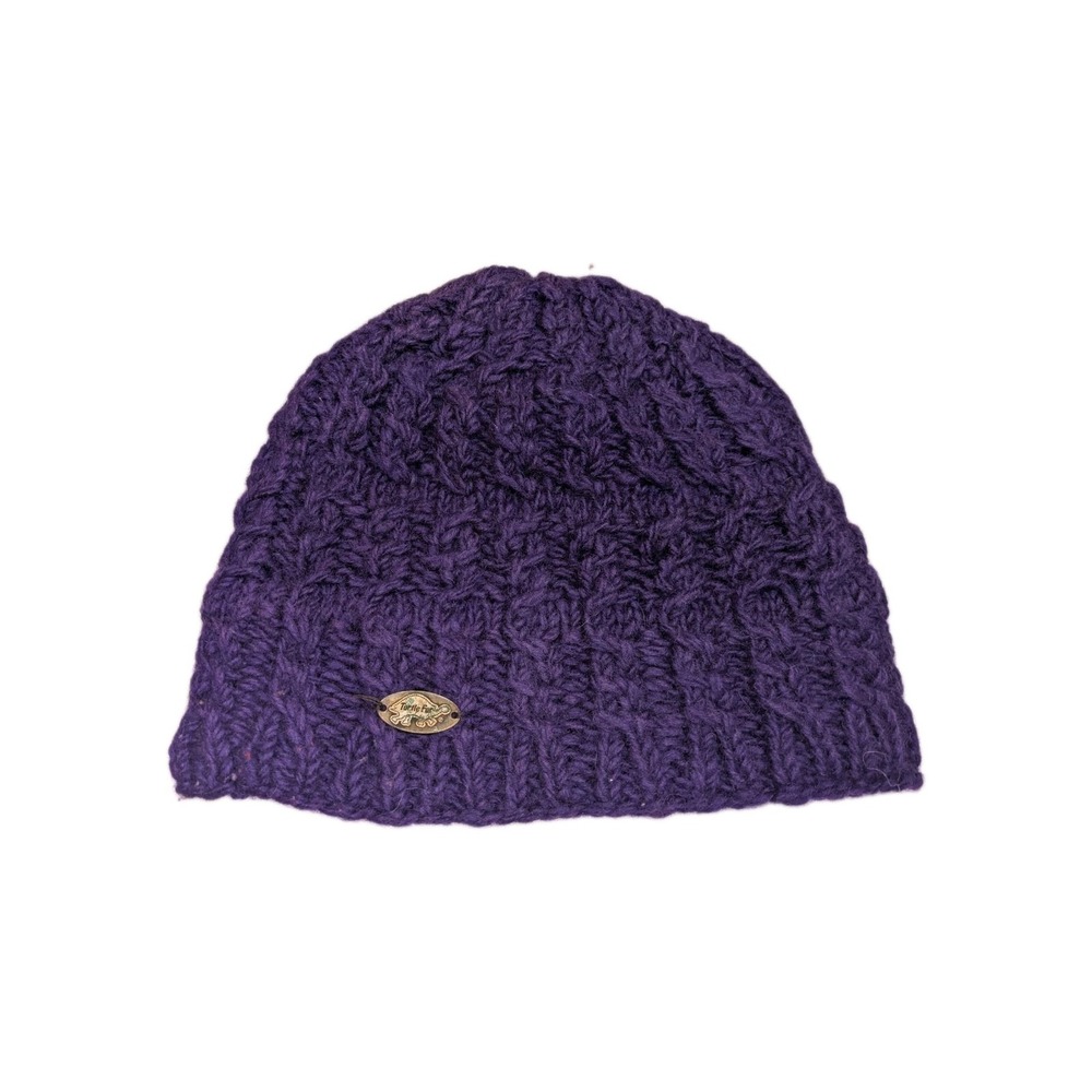 100% Wool Turtle Fur Purple Cable Knit Hat Beanie Fleese Lined Metal Tag Warm